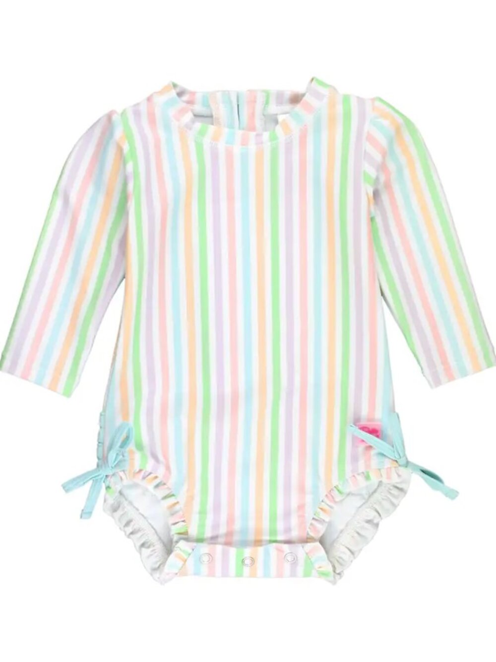 (EUC) RuffleButts Pale Rainbow Stripe Long Sleeve Rash Guard with Ruffles 12-18m